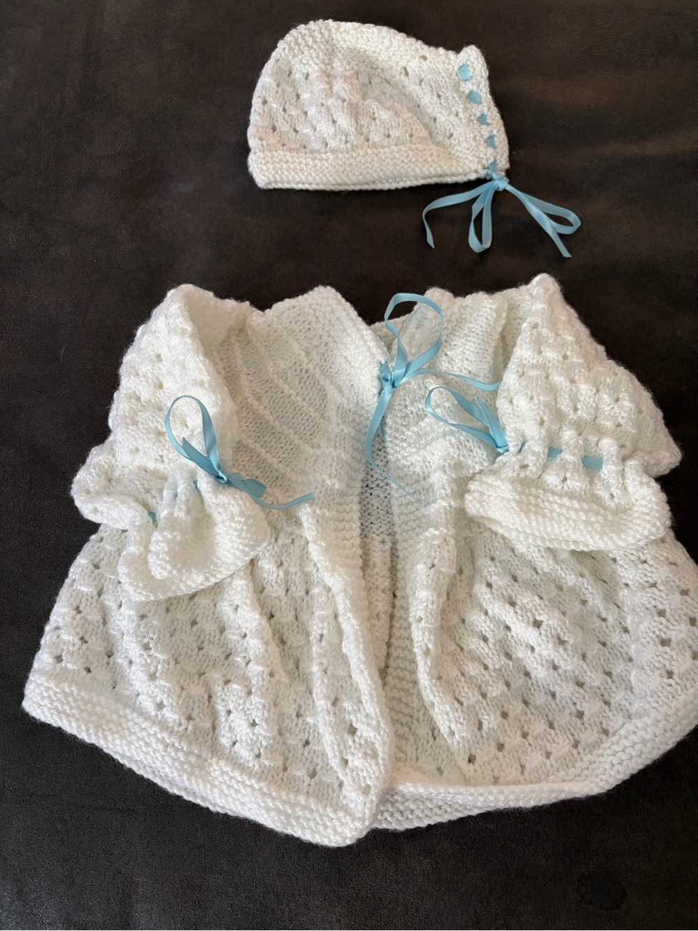 Handmade Baby Knit Sweater Bonnet Set White Blue Ribbon